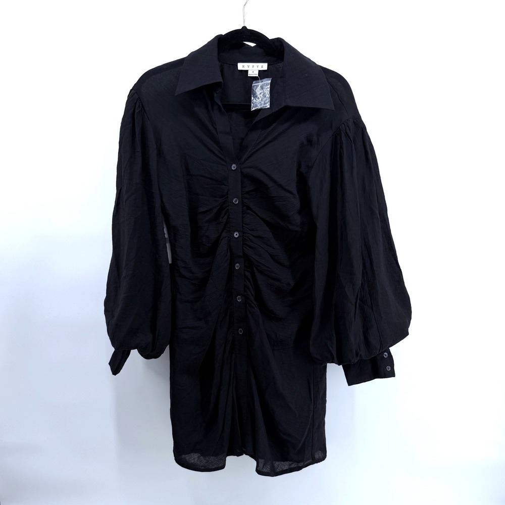 HYFVE Shirt Dress Ruched Front Small Black Womens Puff Sleeve Mini Dress